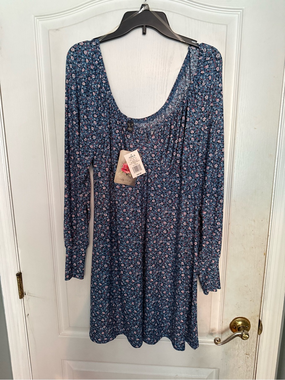 Lily Rose Navy Blue Floral Scoop-Neck Long Sleeve Dress